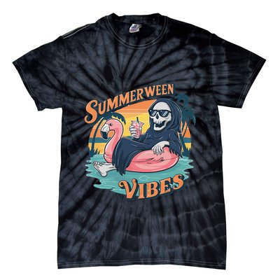 Summerween Vibes Skeleton Flamingo Float Summer Halloween Tie-Dye T-Shirt