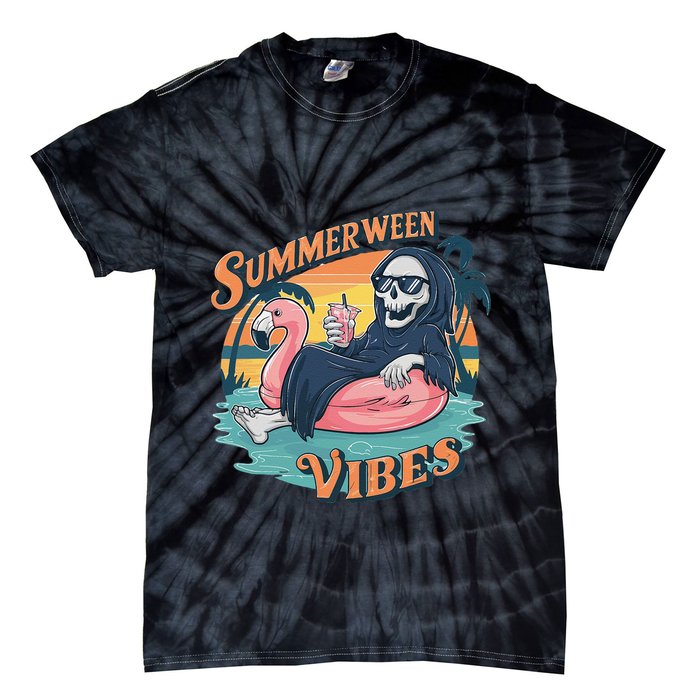 Summerween Vibes Skeleton Flamingo Float Summer Halloween Tie-Dye T-Shirt