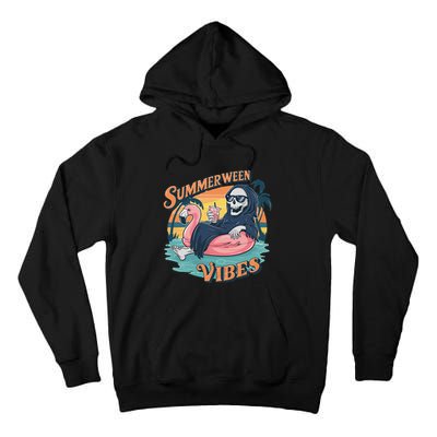 Summerween Vibes Skeleton Flamingo Float Summer Halloween Tall Hoodie