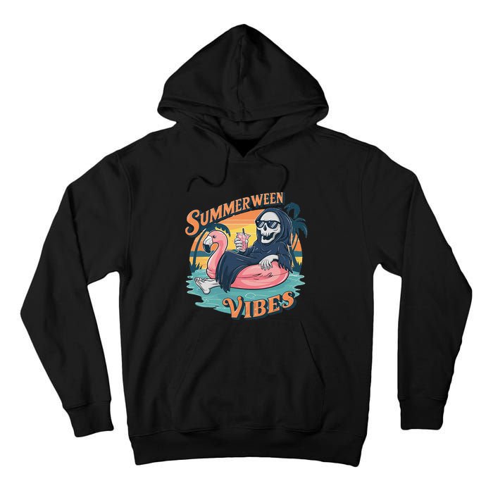 Summerween Vibes Skeleton Flamingo Float Summer Halloween Tall Hoodie