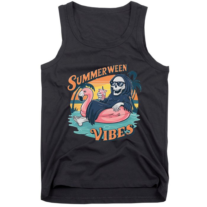 Summerween Vibes Skeleton Flamingo Float Summer Halloween Tank Top