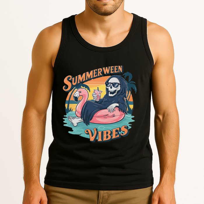 Summerween Vibes Skeleton Flamingo Float Summer Halloween Tank Top