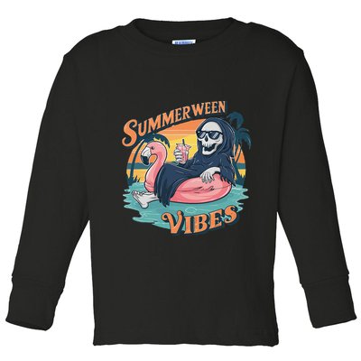 Summerween Vibes Skeleton Flamingo Float Summer Halloween Toddler Long Sleeve Shirt