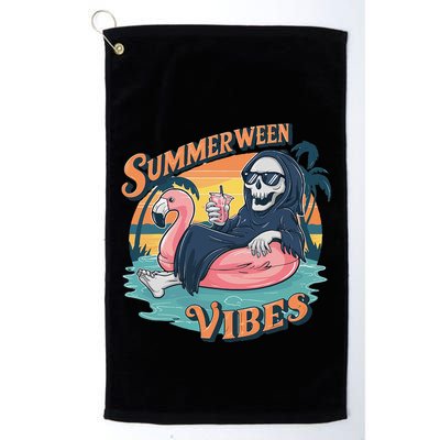 Summerween Vibes Skeleton Flamingo Float Summer Halloween Golf Towel