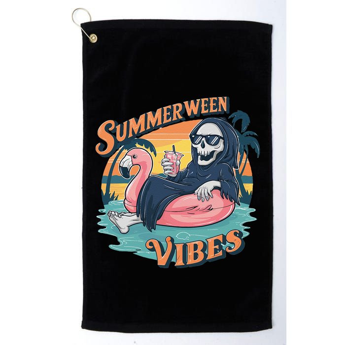 Summerween Vibes Skeleton Flamingo Float Summer Halloween Golf Towel