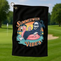 Summerween Vibes Skeleton Flamingo Float Summer Halloween Golf Towel