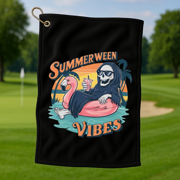 Summerween Vibes Skeleton Flamingo Float Summer Halloween Golf Towel