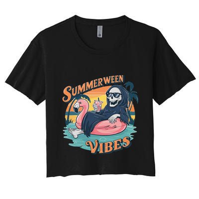 Summerween Vibes Skeleton Flamingo Float Summer Halloween Crop Top