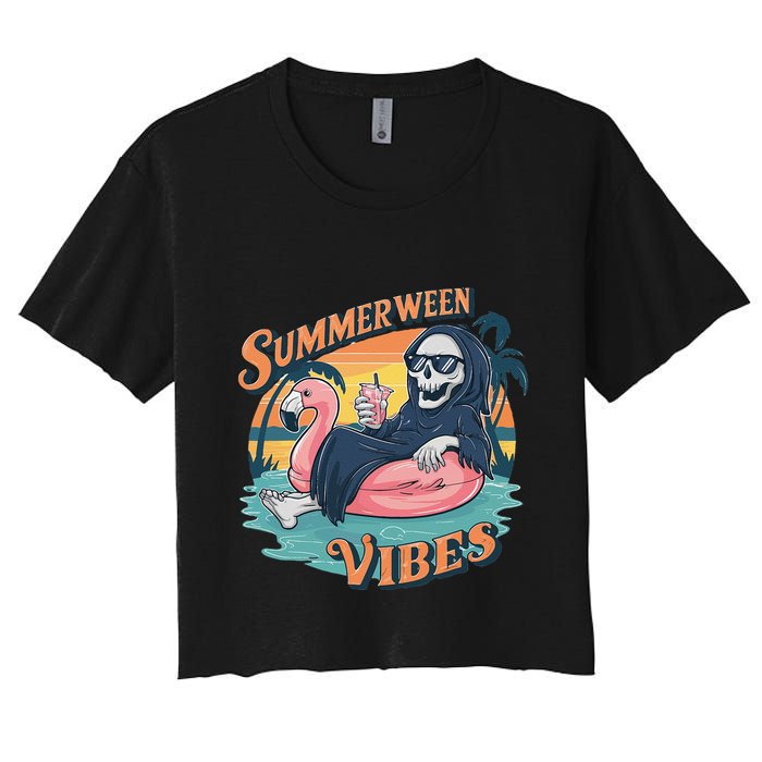 Summerween Vibes Skeleton Flamingo Float Summer Halloween Crop Top