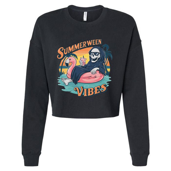 Summerween Vibes Skeleton Flamingo Float Summer Halloween Cropped Pullover Crew