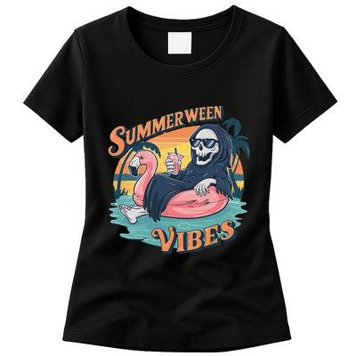 Summerween Vibes Skeleton Flamingo Float Summer Halloween Womens T-Shirt