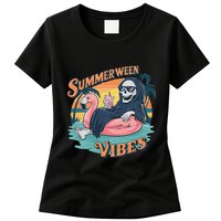 Summerween Vibes Skeleton Flamingo Float Summer Halloween Womens T-Shirt