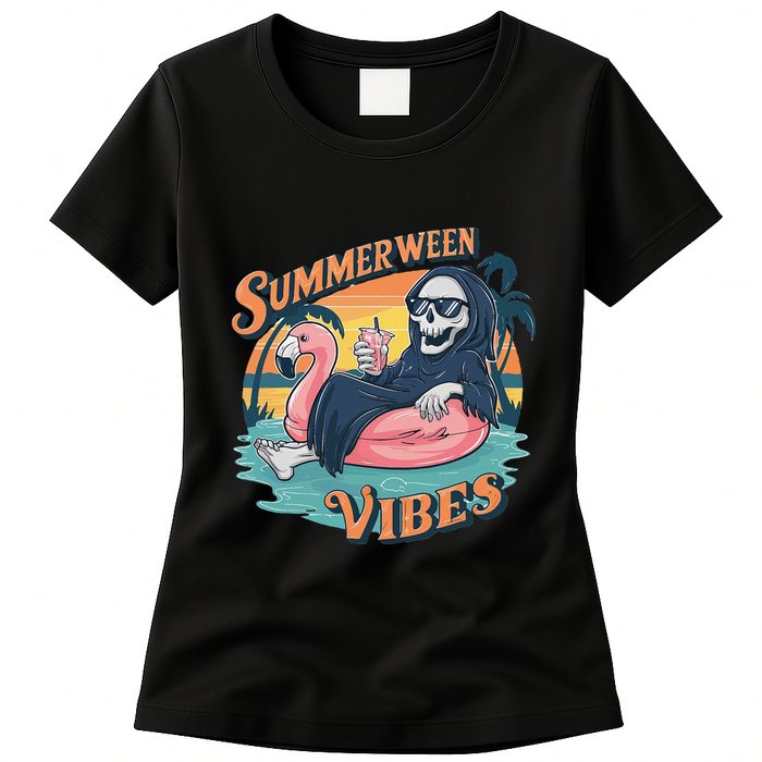 Summerween Vibes Skeleton Flamingo Float Summer Halloween Womens T-Shirt