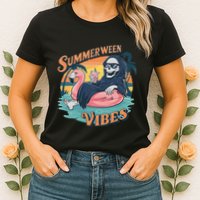 Summerween Vibes Skeleton Flamingo Float Summer Halloween Womens T-Shirt