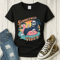 Summerween Vibes Skeleton Flamingo Float Summer Halloween Womens T-Shirt