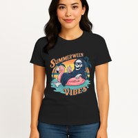 Summerween Vibes Skeleton Flamingo Float Summer Halloween Womens T-Shirt