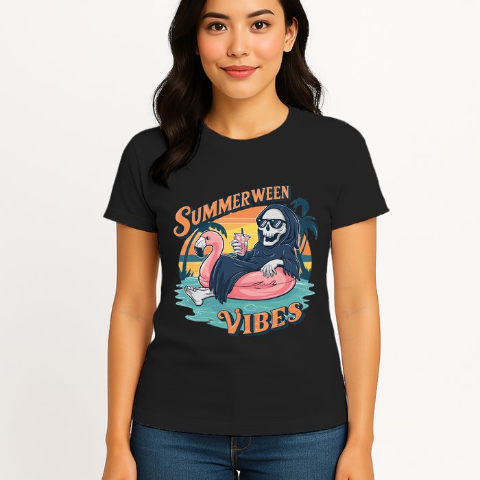 Summerween Vibes Skeleton Flamingo Float Summer Halloween Womens T-Shirt