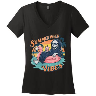 Summerween Vibes Skeleton Flamingo Float Summer Halloween Women's V-Neck T-Shirt