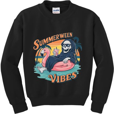 Summerween Vibes Skeleton Flamingo Float Summer Halloween Kids Sweatshirt
