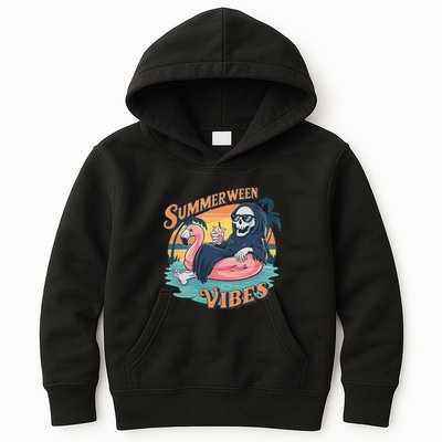Summerween Vibes Skeleton Flamingo Float Summer Halloween Kids Hoodie