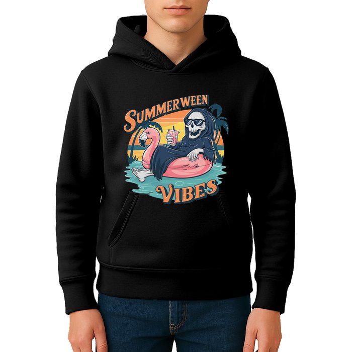 Summerween Vibes Skeleton Flamingo Float Summer Halloween Kids Hoodie