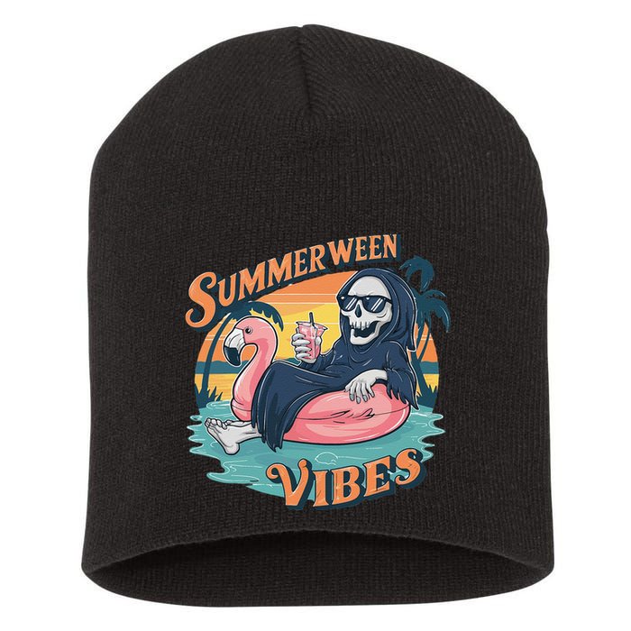 Summerween Vibes Skeleton Flamingo Float Summer Halloween Short Acrylic Beanie