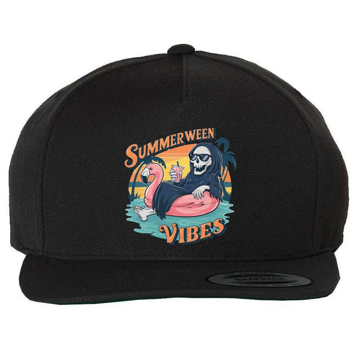 Summerween Vibes Skeleton Flamingo Float Summer Halloween Wool Snapback Cap