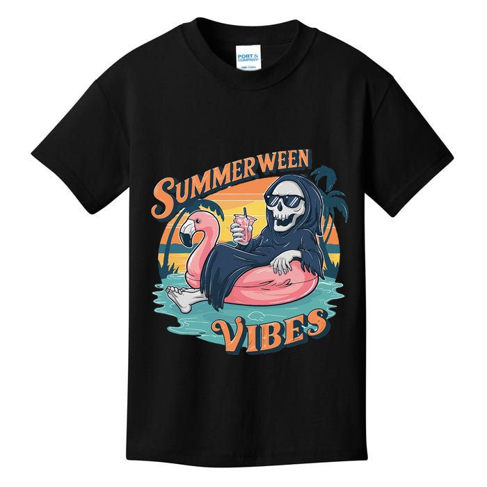 Summerween Vibes Skeleton Flamingo Float Summer Halloween Kids T-Shirt