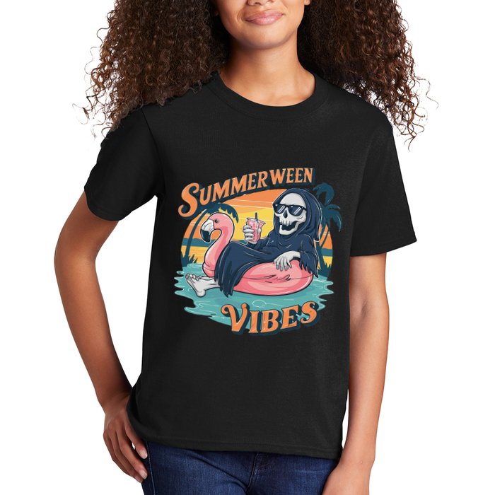 Summerween Vibes Skeleton Flamingo Float Summer Halloween Kids T-Shirt