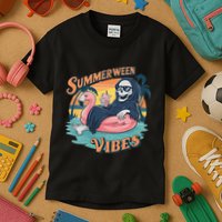Summerween Vibes Skeleton Flamingo Float Summer Halloween Kids T-Shirt