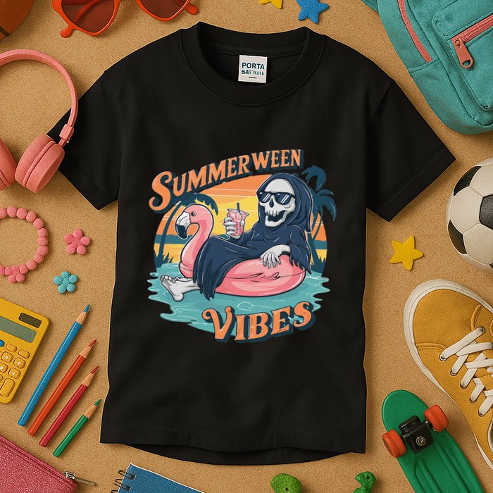 Summerween Vibes Skeleton Flamingo Float Summer Halloween Kids T-Shirt