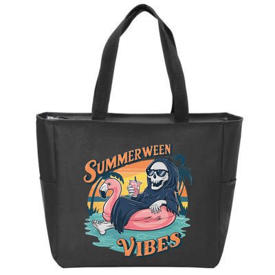 Summerween Vibes Skeleton Flamingo Float Summer Halloween Zip Tote Bag