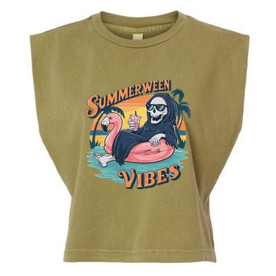 Summerween Vibes Skeleton Flamingo Float Summer Halloween Garment-Dyed Women's Muscle Tee