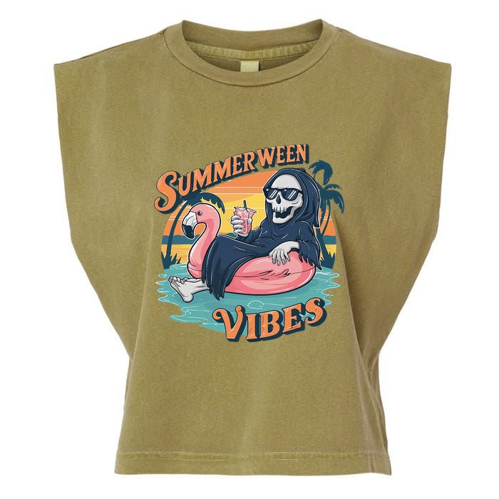 Summerween Vibes Skeleton Flamingo Float Summer Halloween Garment-Dyed Women's Muscle Tee