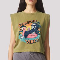 Summerween Vibes Skeleton Flamingo Float Summer Halloween Garment-Dyed Women's Muscle Tee