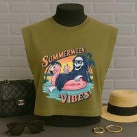 Summerween Vibes Skeleton Flamingo Float Summer Halloween Garment-Dyed Women's Muscle Tee