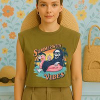 Summerween Vibes Skeleton Flamingo Float Summer Halloween Garment-Dyed Women's Muscle Tee