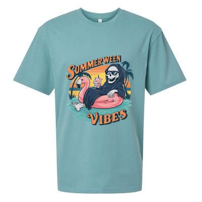 Summerween Vibes Skeleton Flamingo Float Summer Halloween Sueded Cloud Jersey T-Shirt