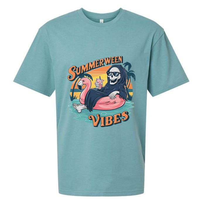 Summerween Vibes Skeleton Flamingo Float Summer Halloween Sueded Cloud Jersey T-Shirt
