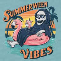 Summerween Vibes Skeleton Flamingo Float Summer Halloween Sueded Cloud Jersey T-Shirt
