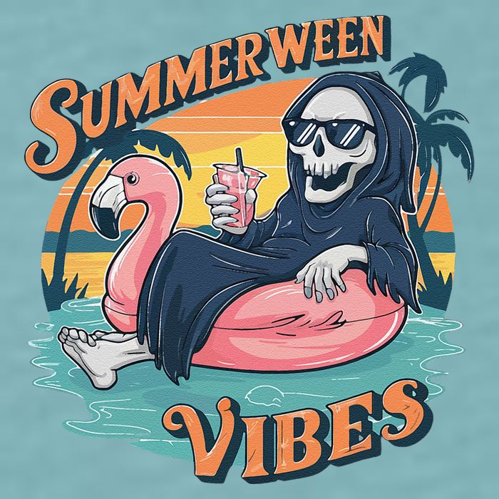 Summerween Vibes Skeleton Flamingo Float Summer Halloween Sueded Cloud Jersey T-Shirt