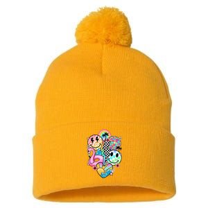 Summer Vibes Smile Face Hello Summer Vacation Pom Pom 12in Knit Beanie