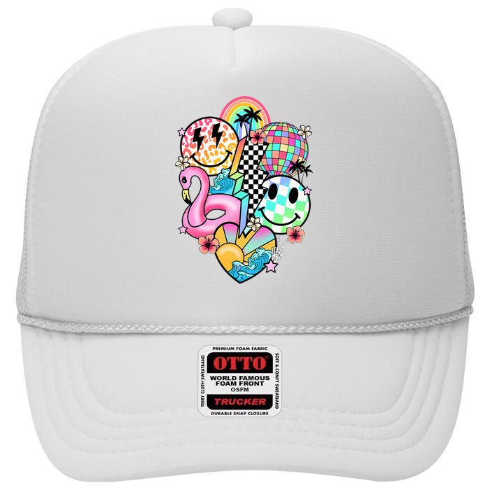 Summer Vibes Smile Face Hello Summer Vacation High Crown Mesh Back Trucker Hat