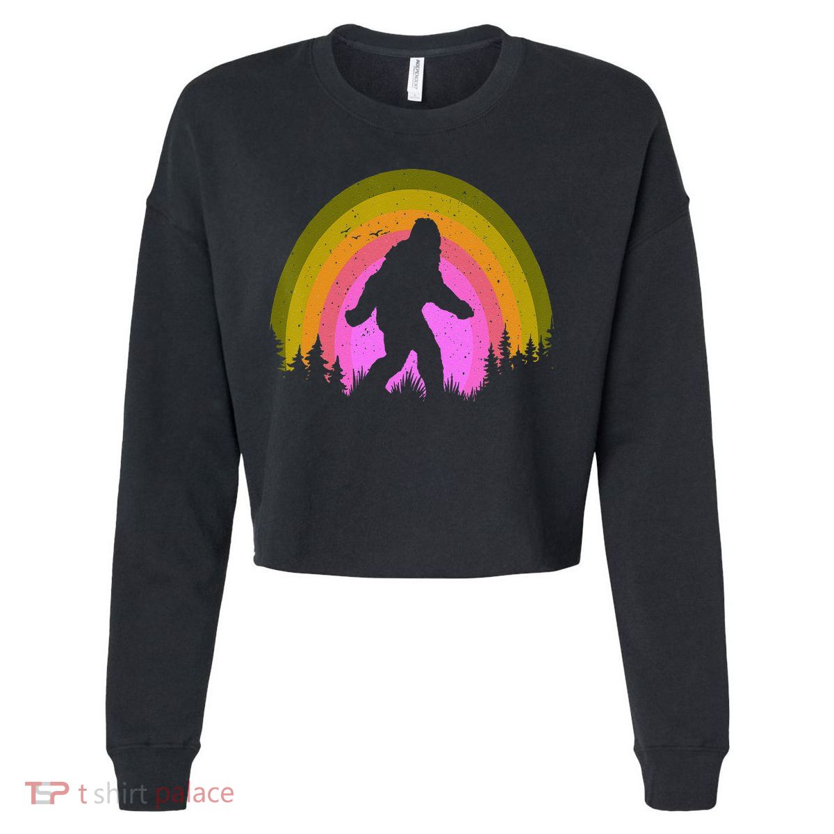 Sasquatch Vintage Sunset Bigfoot Retro Distressed 60sFunny Gift Cropped Pullover Crew