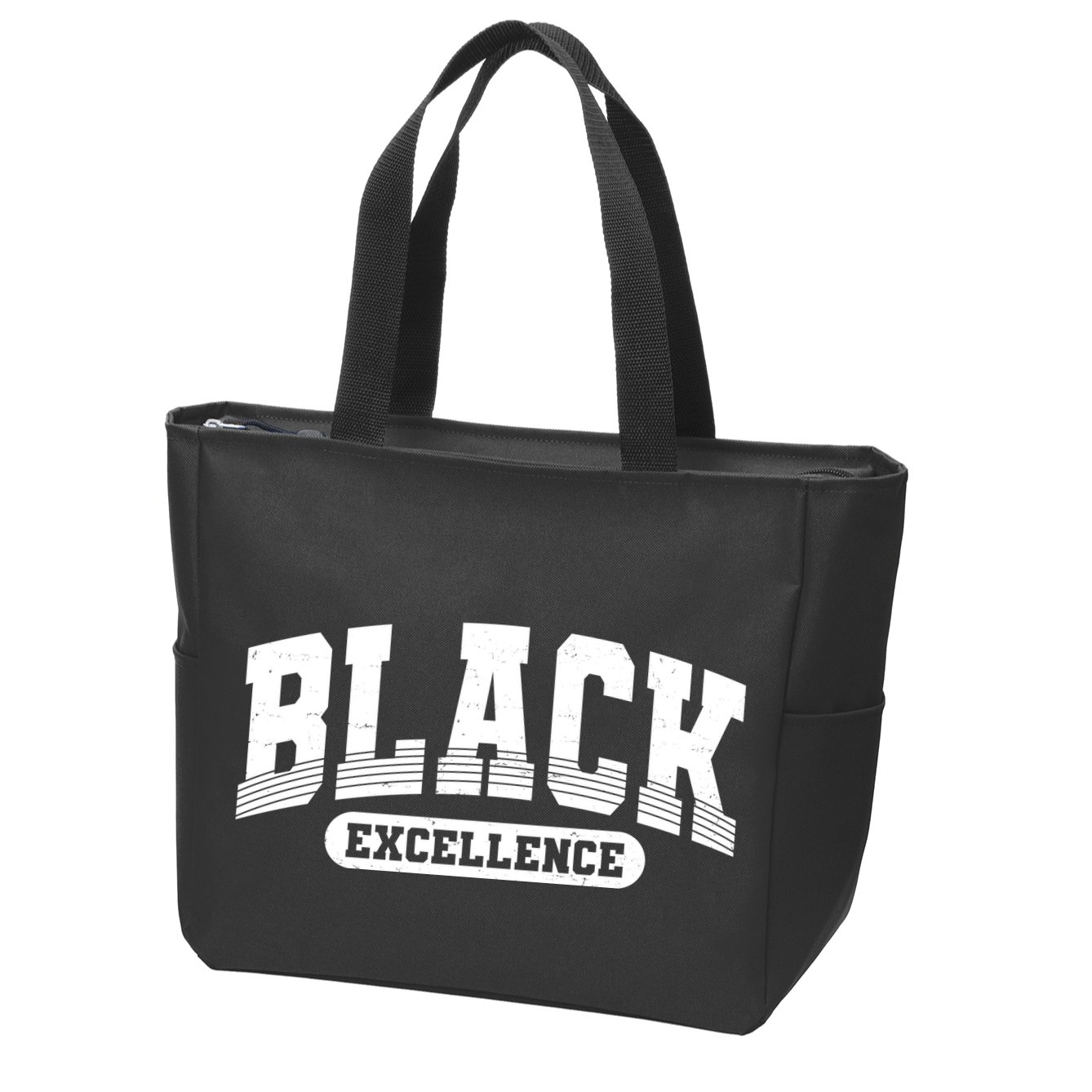 Sporty Varsity Style Black Excellence Zip Tote Bag