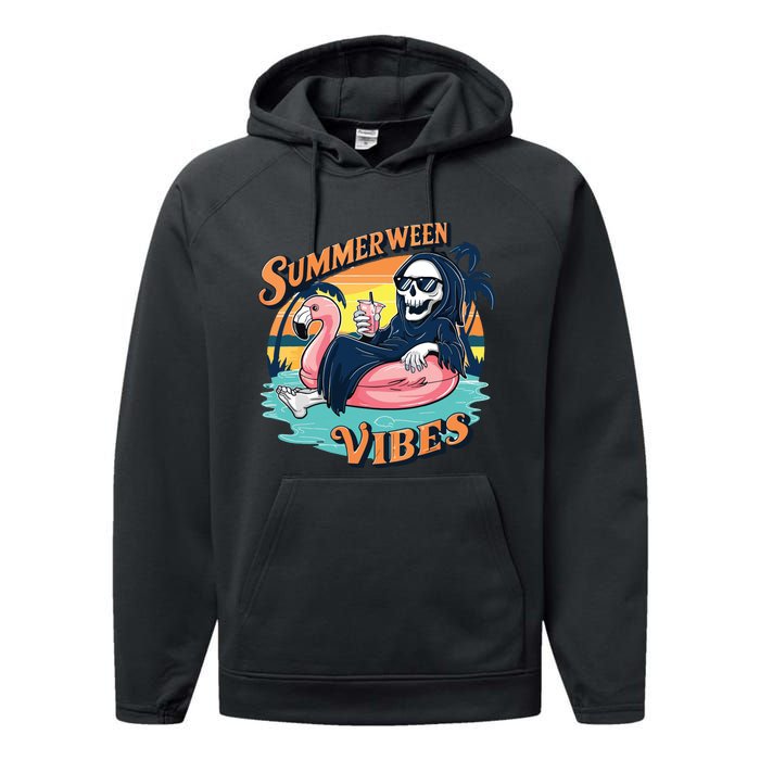 Summerween Vibes Skeleton Flamingo Float Summer Halloween Performance Fleece Hoodie