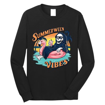 Summerween Vibes Skeleton Flamingo Float Summer Halloween Long Sleeve Shirt