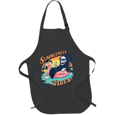 Summerween Vibes Skeleton Flamingo Float Summer Halloween Full-Length Apron With Pockets