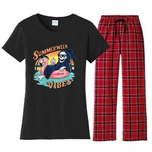 Summerween Vibes Skeleton Flamingo Float Summer Halloween Women's Flannel Pajama Set