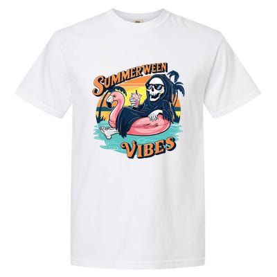 Summerween Vibes Skeleton Flamingo Float Summer Halloween Garment-Dyed Heavyweight T-Shirt